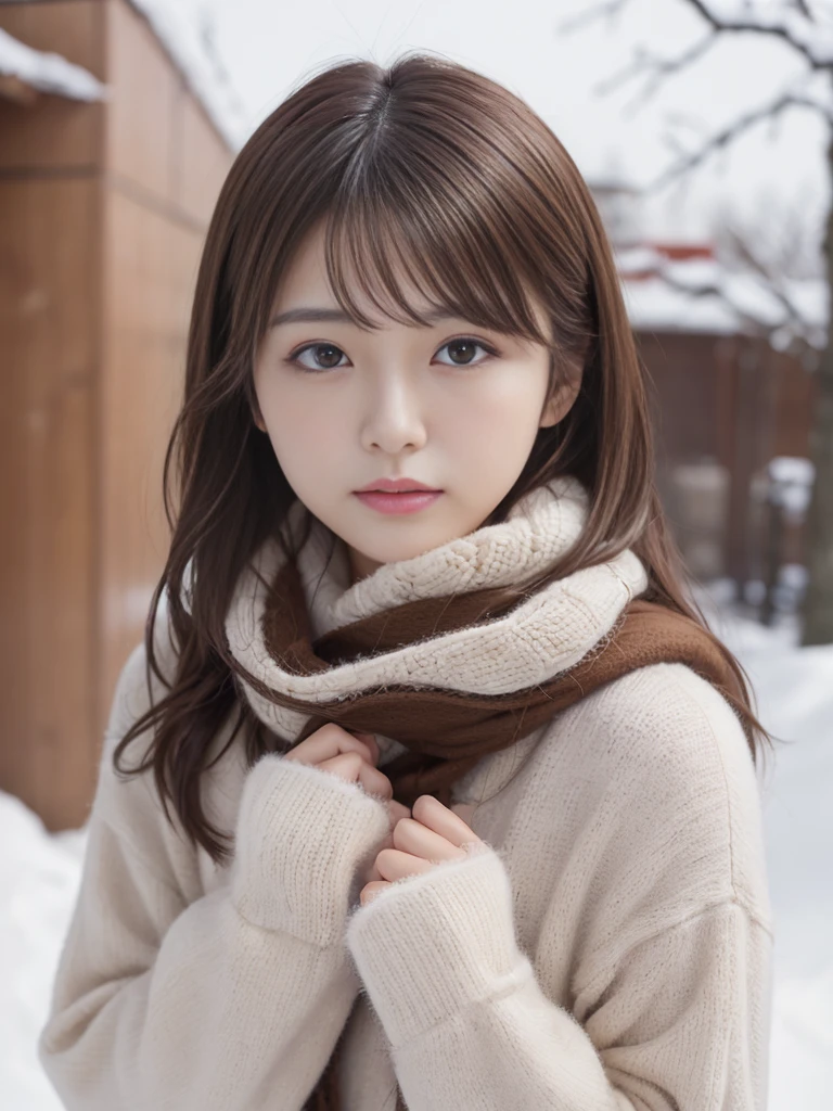 (best image quality、8K、masterpiece:1.3))、Realistic high quality photos、highest quality、cute girl~well-groomed face、25 year old beautiful Japan woman、Slim model photos、big breastodel、若いjapanese girl、young and cute face、japanese girl、25 year old female model、Beautiful model girl、The innocent look of the girl next door、nice delicate face、brown hair、beautiful brown eyes、tear bag、drooling eyes、young body、coat, scarf, gloves, winter