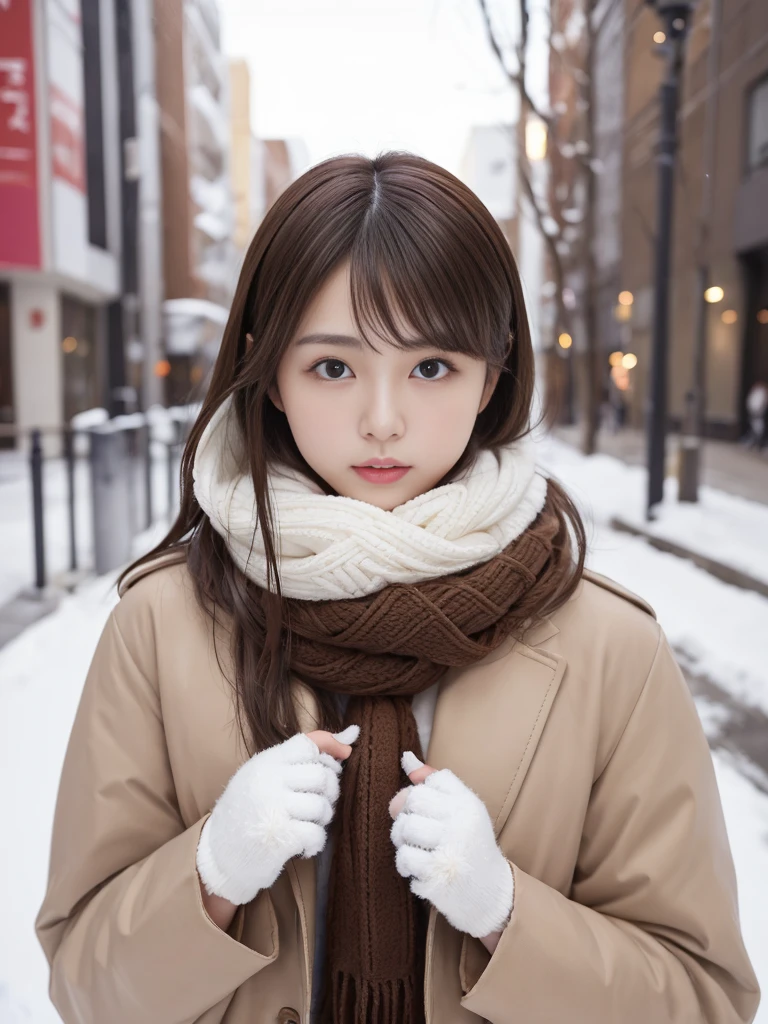 (best image quality、8K、masterpiece：1.3))、Realistic high quality photos、highest quality、cute girl～well-groomed face、25 year old beautiful Japan woman、Slim model photos、big breastodel、若いjapanese girl、young and cute face、japanese girl、25 year old female model、Beautiful model girl、The innocent look of the girl next door、nice delicate face、brown hair、beautiful brown eyes、tear bag、drooling eyes、young body、coat, scarf, gloves, winter