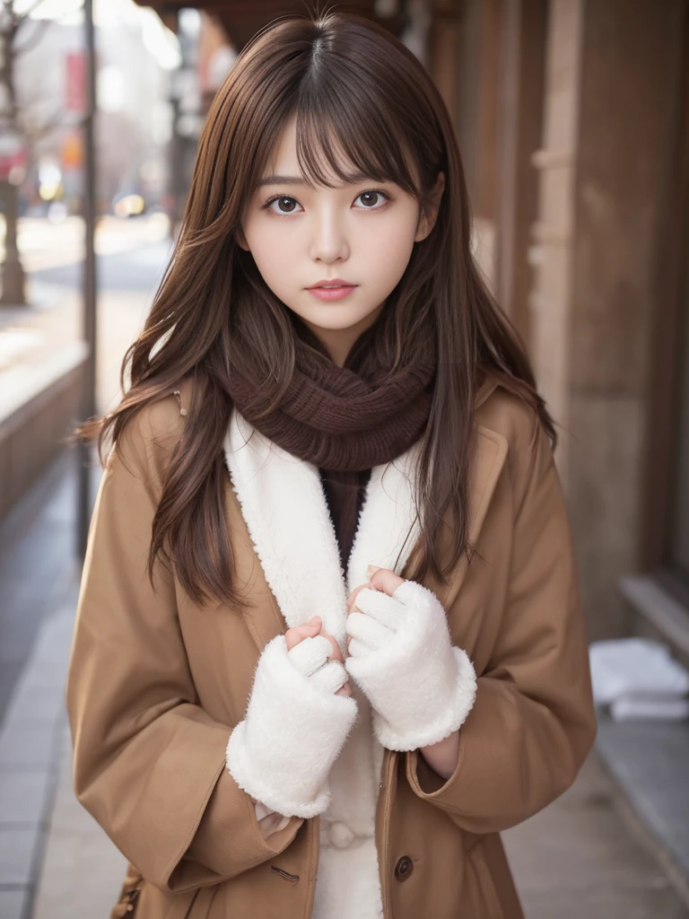 (best image quality、8K、masterpiece:1.3))、Realistic high quality photos、highest quality、cute girl~well-groomed face、25 year old beautiful Japan woman、Slim model photos、big breastodel、若いjapanese girl、young and cute face、japanese girl、25 year old female model、Beautiful model girl、The innocent look of the girl next door、nice delicate face、brown hair、beautiful brown eyes、tear bag、drooling eyes、young body、coat, scarf, gloves, winter