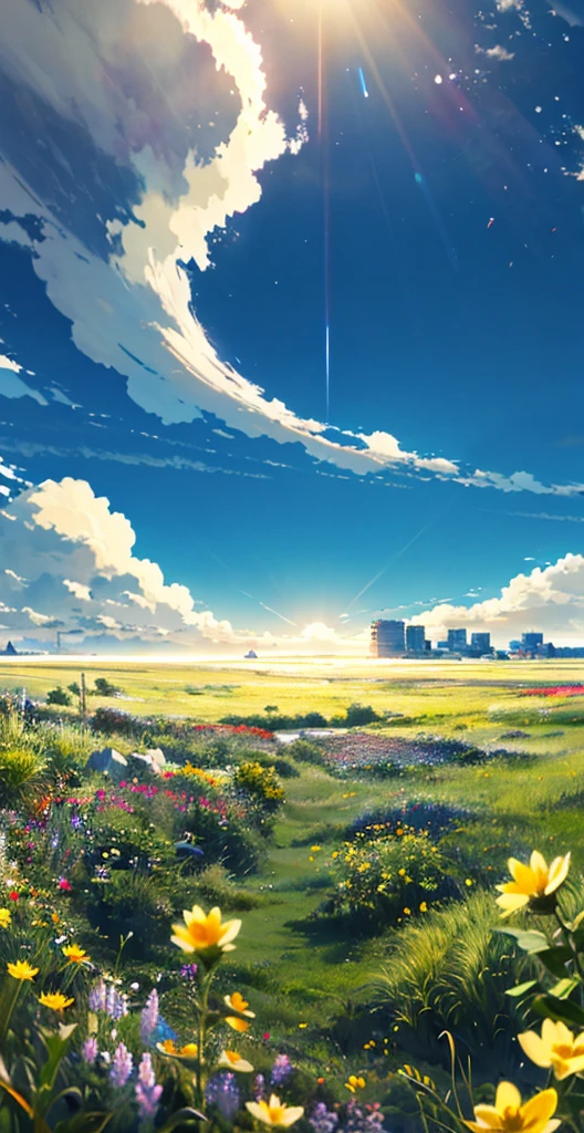 The vast sky, Flowers, Beautiful skyline，grassland，A strong and dramatic image，Dynamic visual effects，The North Star，Colorful natural light，Ultra wide angle