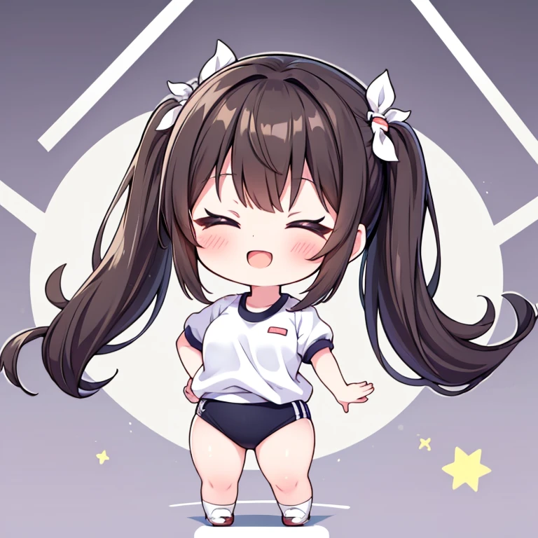 buruma, black buruma, (Close ~ eyes), Full Body Shot, ((Highest quality)), ((masterpiece)), (detailed), Perfect Face, Perfect Arms, anime, Ultra-fine illustration, One Girl, cute, ((Chibi Character)), (smile, happy, Open your mouth:1.2), Brown Hair, Twin tails, White short-sleeved gym uniform, White socks, sneakers,