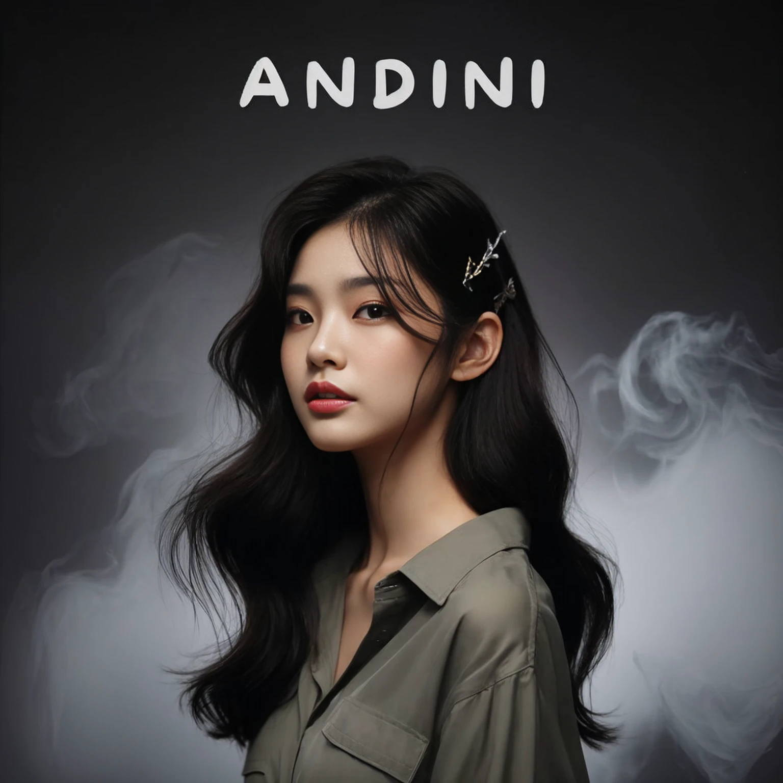 A photo of a beautiful 20-year-old Korean girl, wearing a sage shirt, with medium black hair, hair decoration, looking to the side, posing elegantly, bold gray background, smoke effect. 4k, UHD, realistic, masterpiece