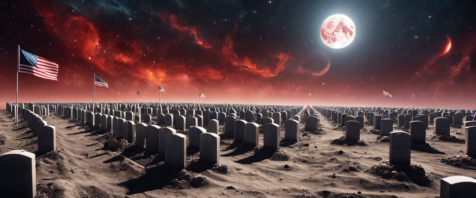 there is  a military graveyard built on the moon, many tombstones in rows (tombstones are identical in shape and color) and lines, (there is flag being raised: 1.4), in honor of the fallen. the graveyard is based on the moon, you can see the earth in the background and some stars in space, vibrant, Ultra-high resolution, High Contrast, (masterpiece:1.5), highest quality, Best aesthetics), best details, best quality, highres, ultra wide angle, 16k, [ultra detailed], masterpiece, best quality, (extremely detailed), 3D rendering, raging nebula