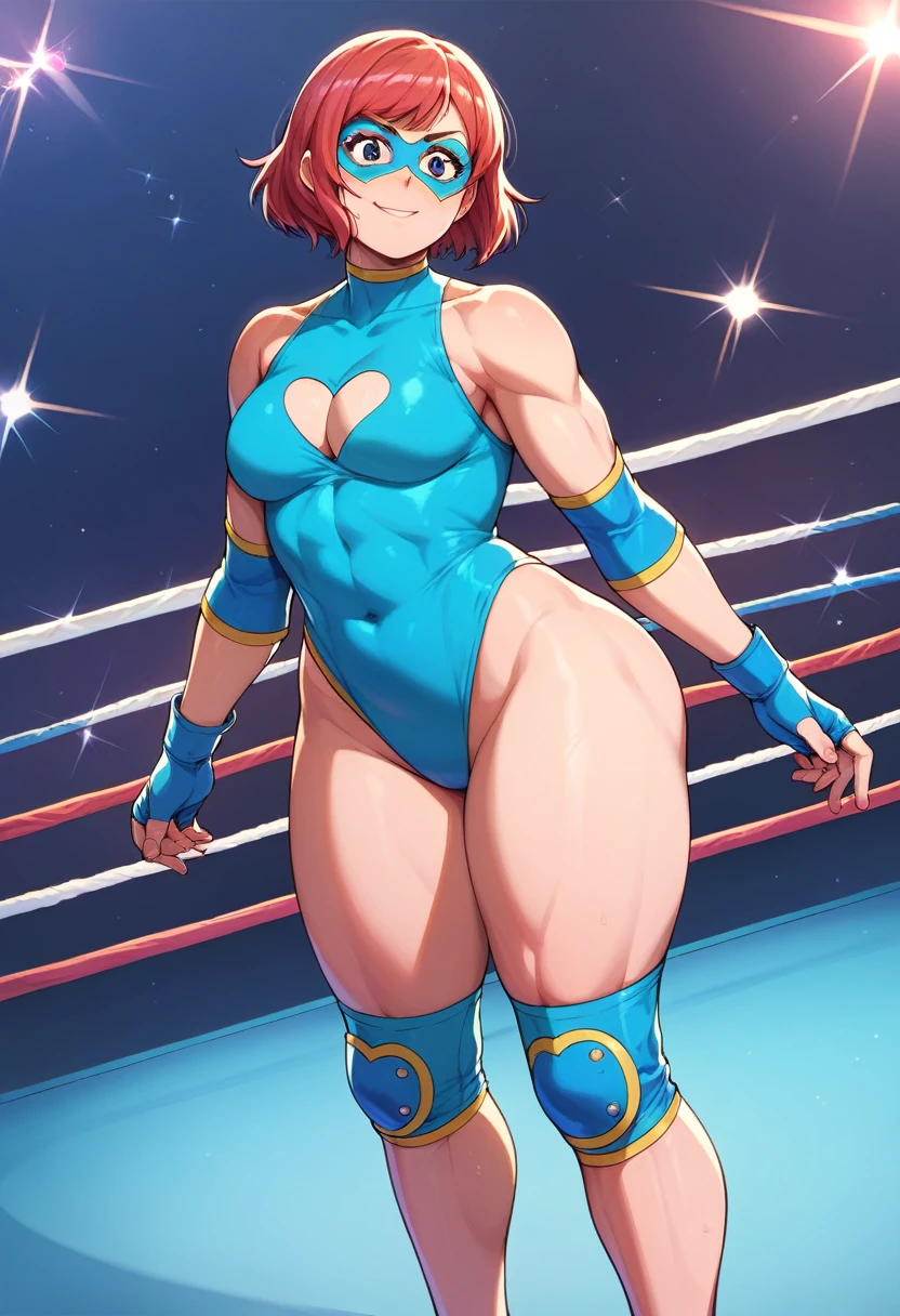 Nishikino maki,bare shoulders, blue leotard, clothing cutout, domino mask, heart cutout, knee pads, leotard, mask, shoulder cutout, thick thighs, thighs, wrestling mask, wrestling outfit, standing