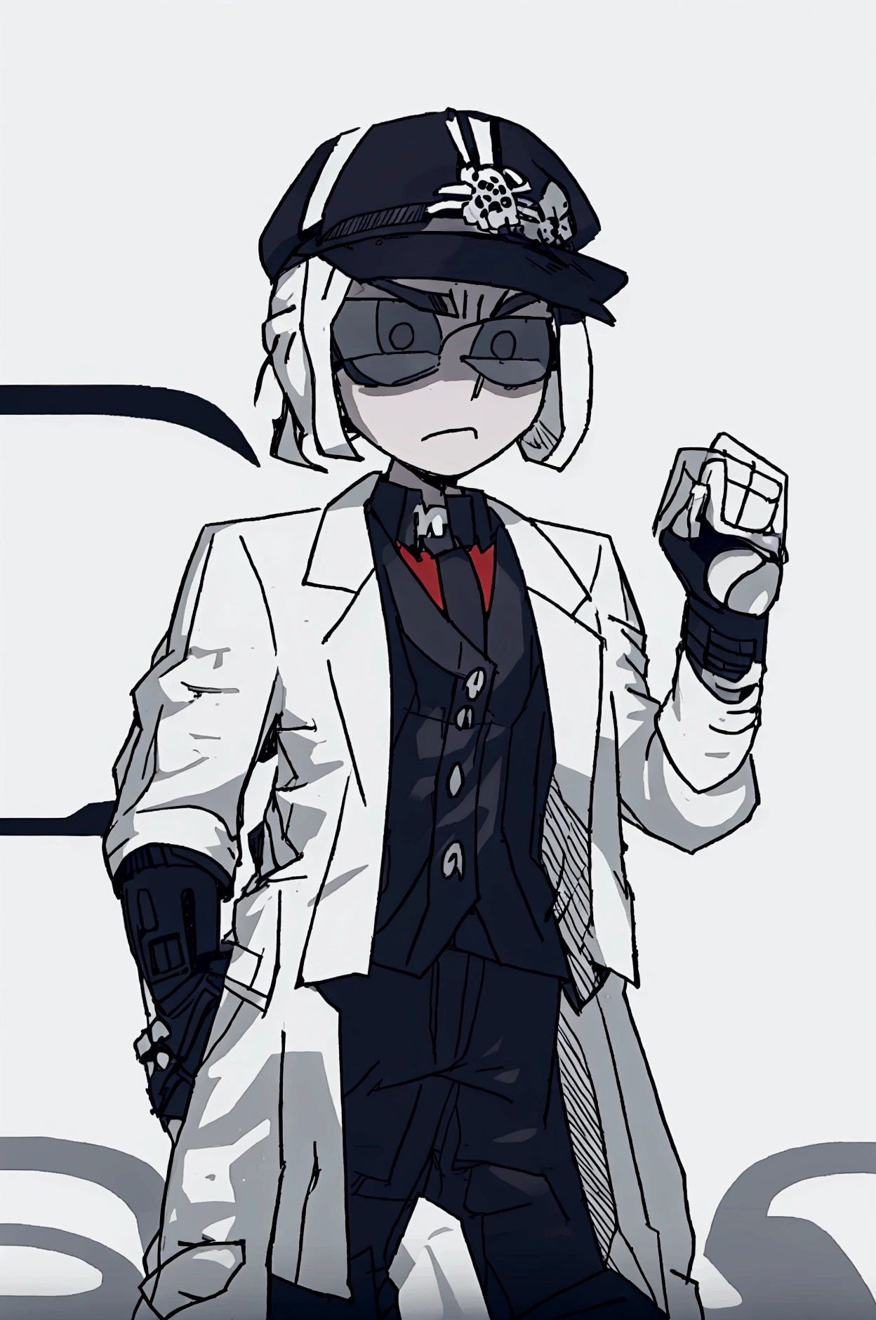 Male character of medium height, military hat with a skull, dark military clothing , whole body, white Modcut short hair,