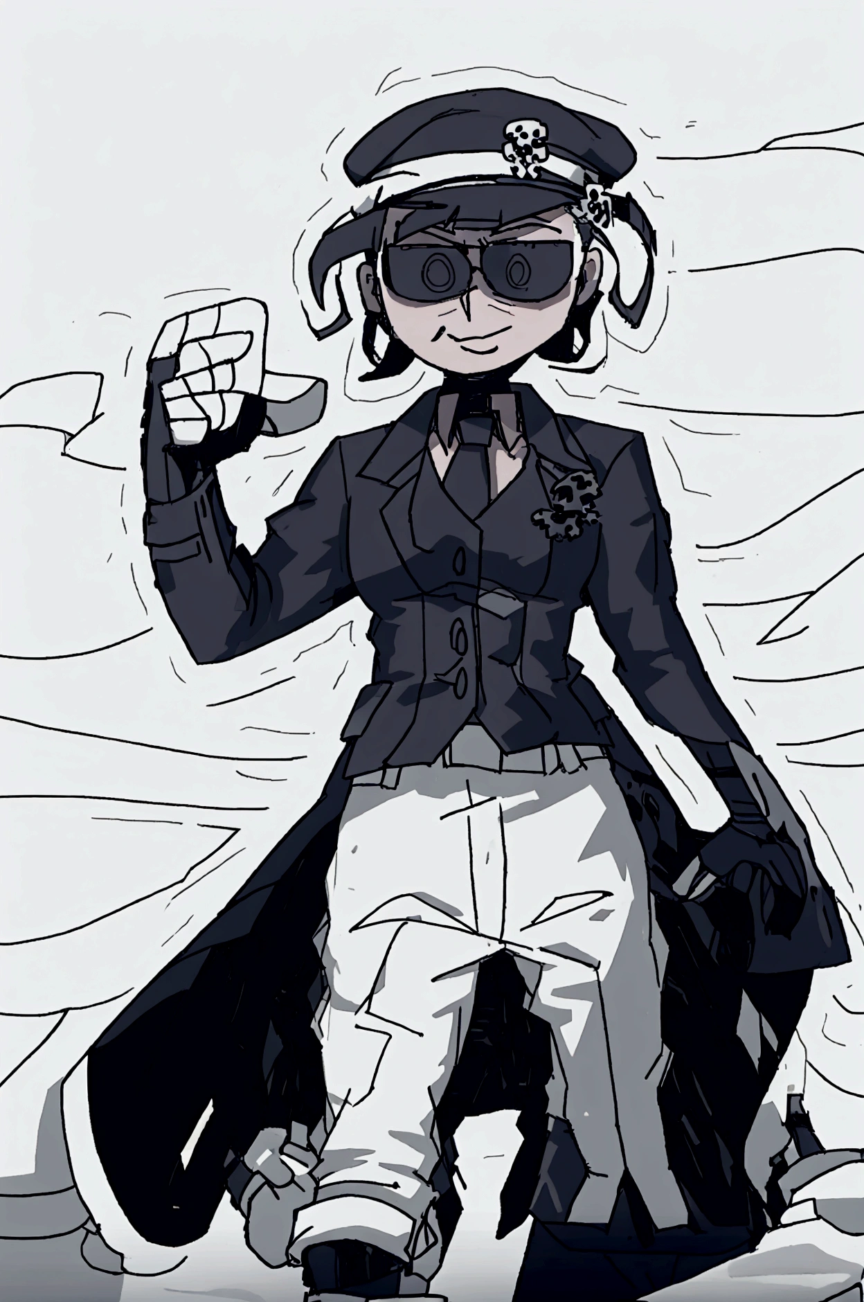 (circular pupils, white eyes, black sclera), digitigrade, (black choker:1.6), masterpiece, best quality, detailed realistic fur, (white lab coat:1.3), (sweat pants:1.3), (dark blue hoodie:1.3), (background is a living room), detailed background, detailed face, detailed eyes, detailed fluffy fur, fluffy tail, clothed, clothing, (ear piercings:1.7), Multiple poses, holding a clipboard, black skin, black hair, black fur, sfw, safe for work, detailed skull, multiple angles, good anatomy, multiple expressions, multiple hairstyles, canine teeth