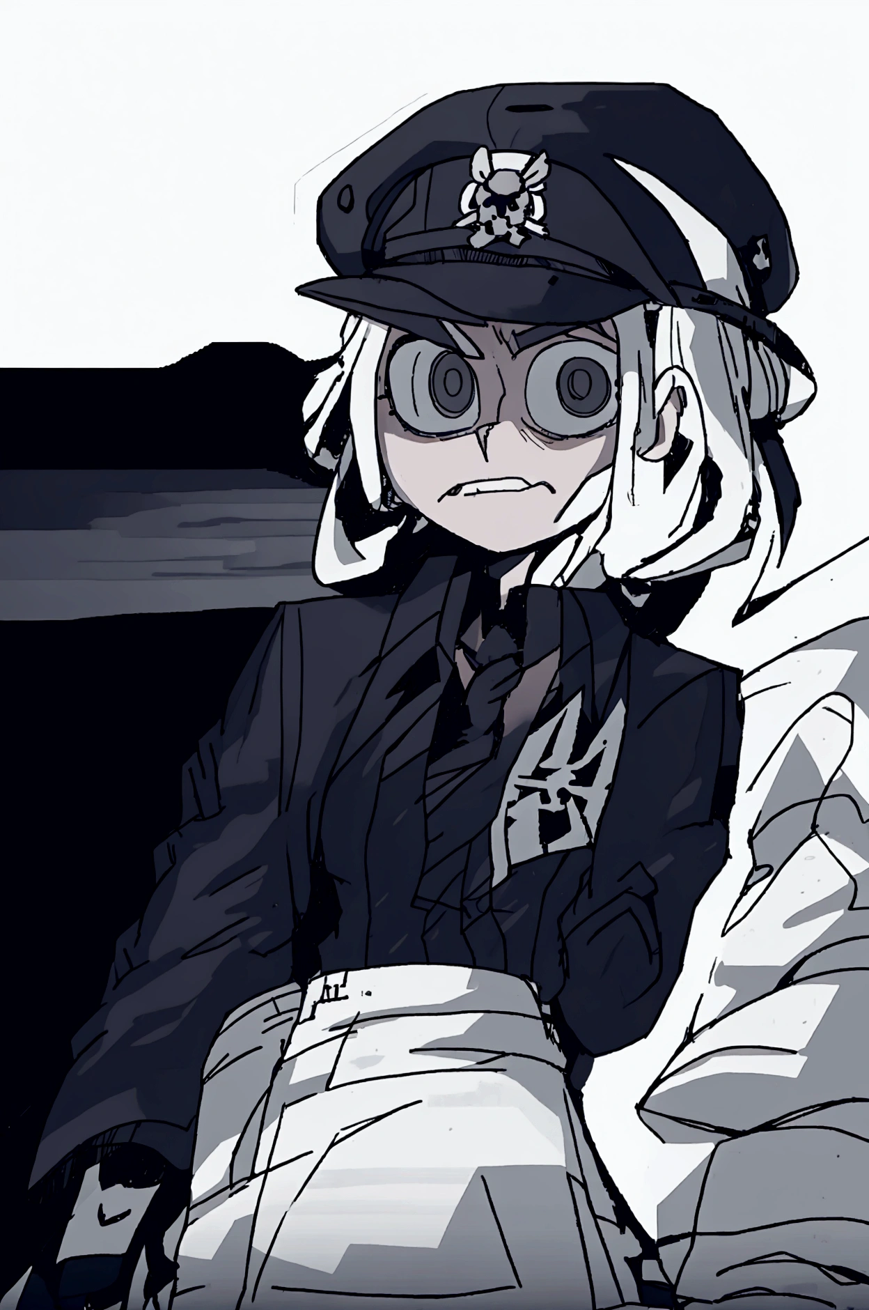 Male character of medium height, military hat with a skull, dark military clothing , whole body, white Modcut short hair,