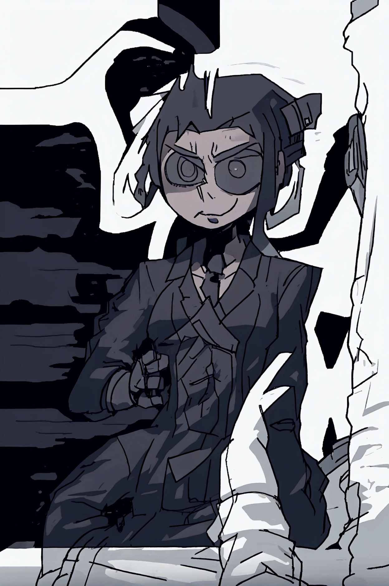 Male character of medium height, military hat with a skull, dark military clothing , whole body, white Modcut short hair,