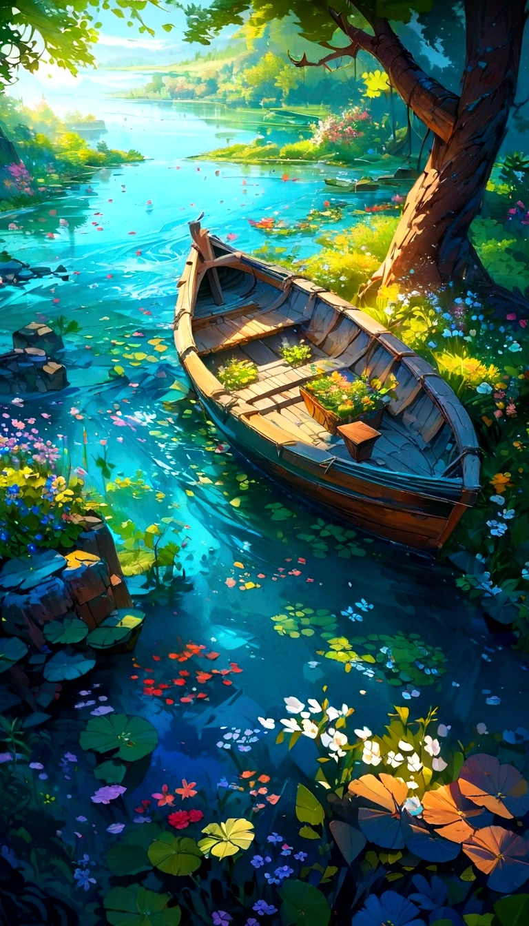 painting of a boat in a river surrounded by trees and flowers, beautiful digital painting, detailed painting 4 k, highly detailed digital painting, very detailed digital painting, beautiful art uhd 4 k, very beautiful digital art, beautiful digital artwork, detailed digital painting, stylized painting, beautiful digital art, digital painting highly detailed, scenery art detailed, 4k highly detailed digital art
