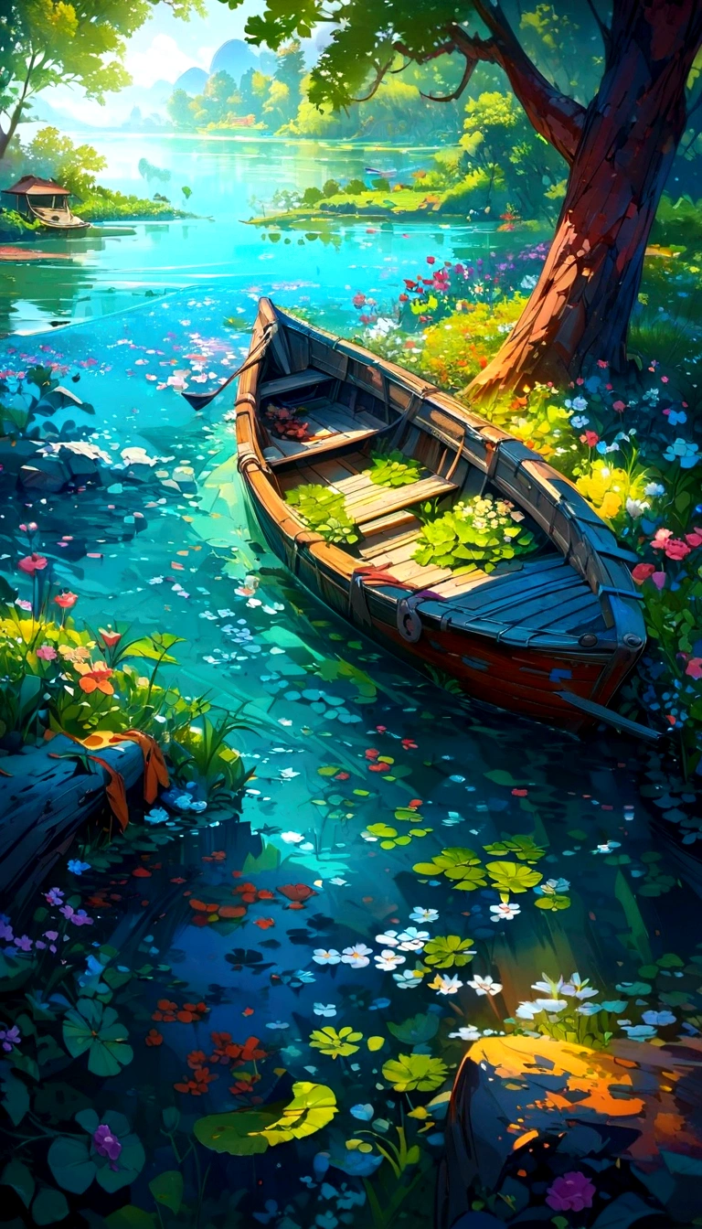 painting of a boat in a river surrounded by trees and flowers, beautiful digital painting, detailed painting 4 k, highly detailed digital painting, very detailed digital painting, beautiful art uhd 4 k, very beautiful digital art, beautiful digital artwork, detailed digital painting, stylized painting, beautiful digital art, digital painting highly detailed, scenery art detailed, 4k highly detailed digital art