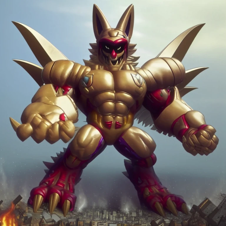 (situation 1 : dominating Shiny_Mega_Lucario. Shiny_Mega_Lucario is over 1000 meters long. focus GIANT mechanical Muscular Shiny_Mega_Lucario is trampling the city. Looking down. macro. stomp. Low-angle perspective. emphasizing the immense size.)
(situation 2 :smoke and flames rising from the destruction in the city)
(Additional details 1: wearing a full-face helmet. golden armor. Armored Flazzard. Armored_Flazzard. high-tech bio-mecha armor. real texture material. whole body shines like metal. Wearing cyberpunk mecha. emphasizes the muscles. suit fully made of metal. intricate armor. Robotic suit. suit fully made of metal. cyborg. no face.).
(Additional details 2: (Detailed head. Detailed Body. Detailed abs. gigantic muscles. HYPER MUSCLES. Gigachad Muscular. big muscle. pecs. triceps. traps. unusually developed muscular body. body full of huge muscles. showing off muscles. pectorales enormes. Exaggeratedly huge muscles. huge muscles. long legs.).
(Additional details 3: Spread wings. It has wings. have big wings. The claws are sharp. Sharp teeth).