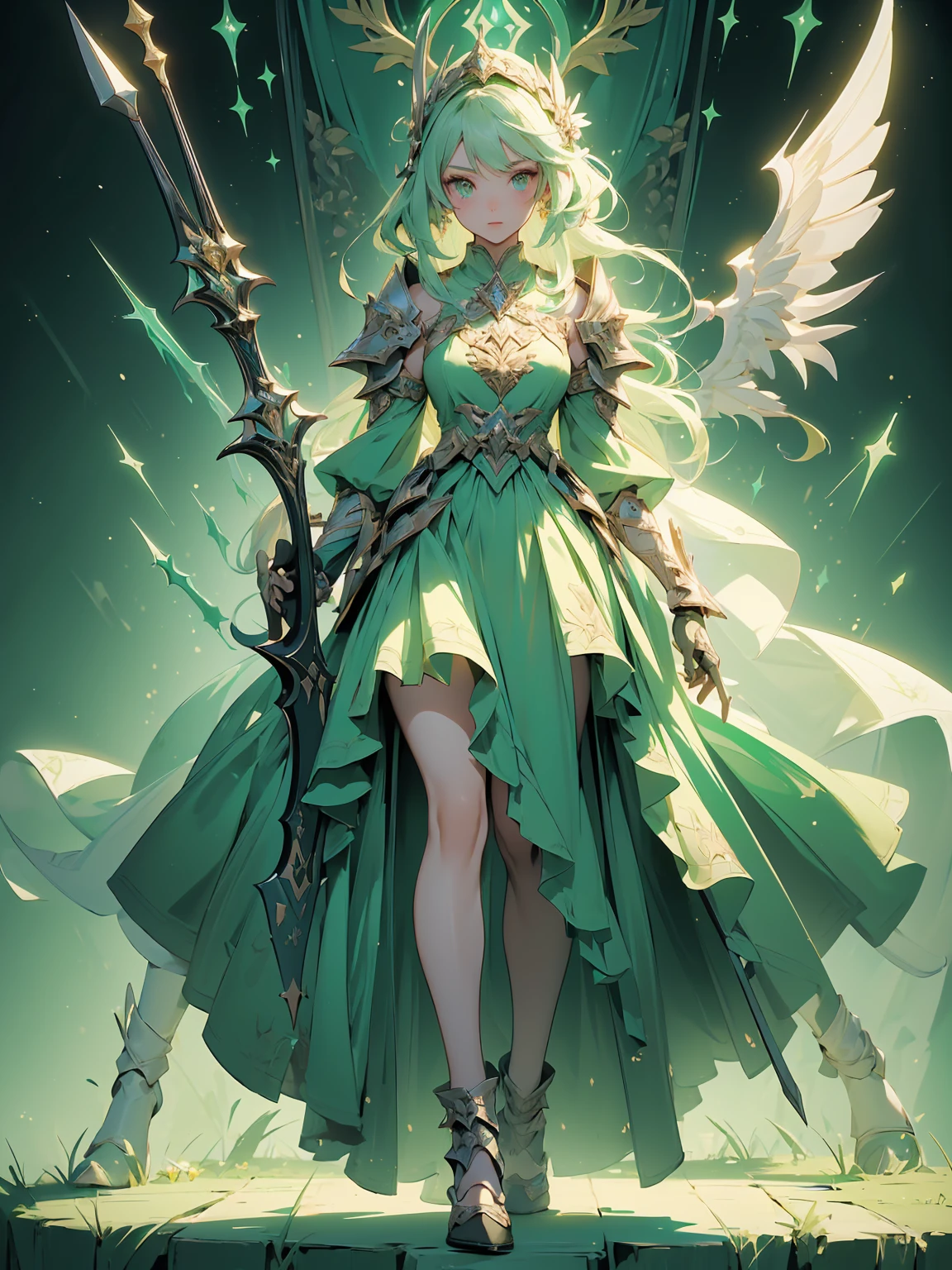 (((masterpiece, best quality, high detailed, 8k))) Design a layout showcase Gaming character, (1girl). Green|Gold clothes, stylish and unique. ((showcase weapon:1.4)), nature staff. (masterpiece:1.2), (best quality), 4k, ultra-detailed. (Step by step design, layout art:1.5), (luminous lighting, atmospheric lighting). druid, ((glove full hands)), (((revealing clothes:1.3))), vambraces, armored legwear, (((full_body_shot:1.4))). {In a magical meadow}.
