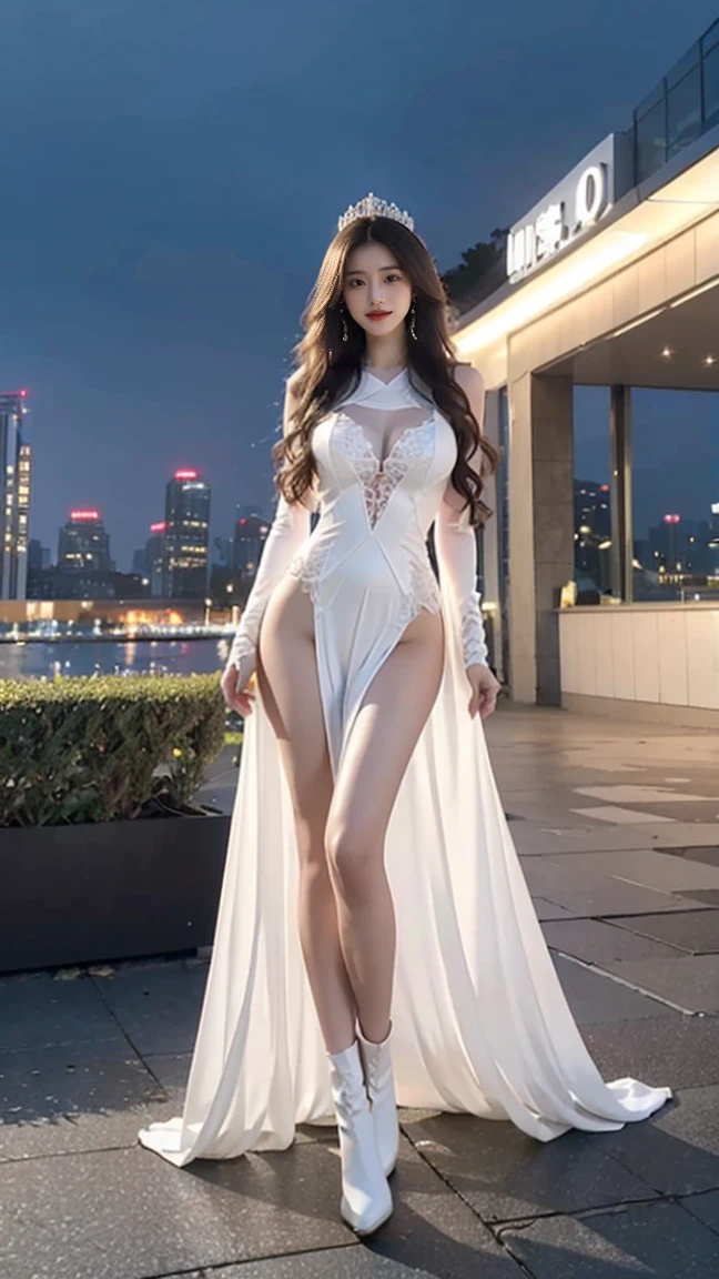 Full-body shot,Standing,HD,masterpiece,very high, Slender woman,White long hair,White hair,Extra long curly hair,Extra long curly hair falls to the ground,extremely long hair,Delicate face,Moisturizing red lips,Extremely tall,Amazing body proportions,Broad shoulders,Extra Large ,Slim waist,Wide hips,The buttocks are unusually huge,Incredibly exaggerated and leggy,Extra long thick legs,The legs are very long,Gorgeous crystal crown,Full body clothing,Gorgeous princess dress,White,White platform ankle boots,Smile,Real People,City roofs,roof,night,CG Rendering,16K,looking at camera,The night view is beautiful,Ultra HD,Perfect details,The pictures are real,Ultimate image quality,highest accuracy,8K resolution,Dark Shadows,8K, Yes ,Ultra HD,8K,full-body shot。