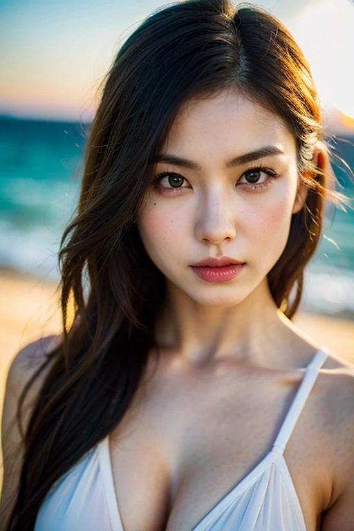 20th Generation、Medium-long hair、Swimwear、Slit eyes、Half-Japanese appearance、A close-up portrait of a seductive woman、beach、sunset、Wave、Sandy Beach