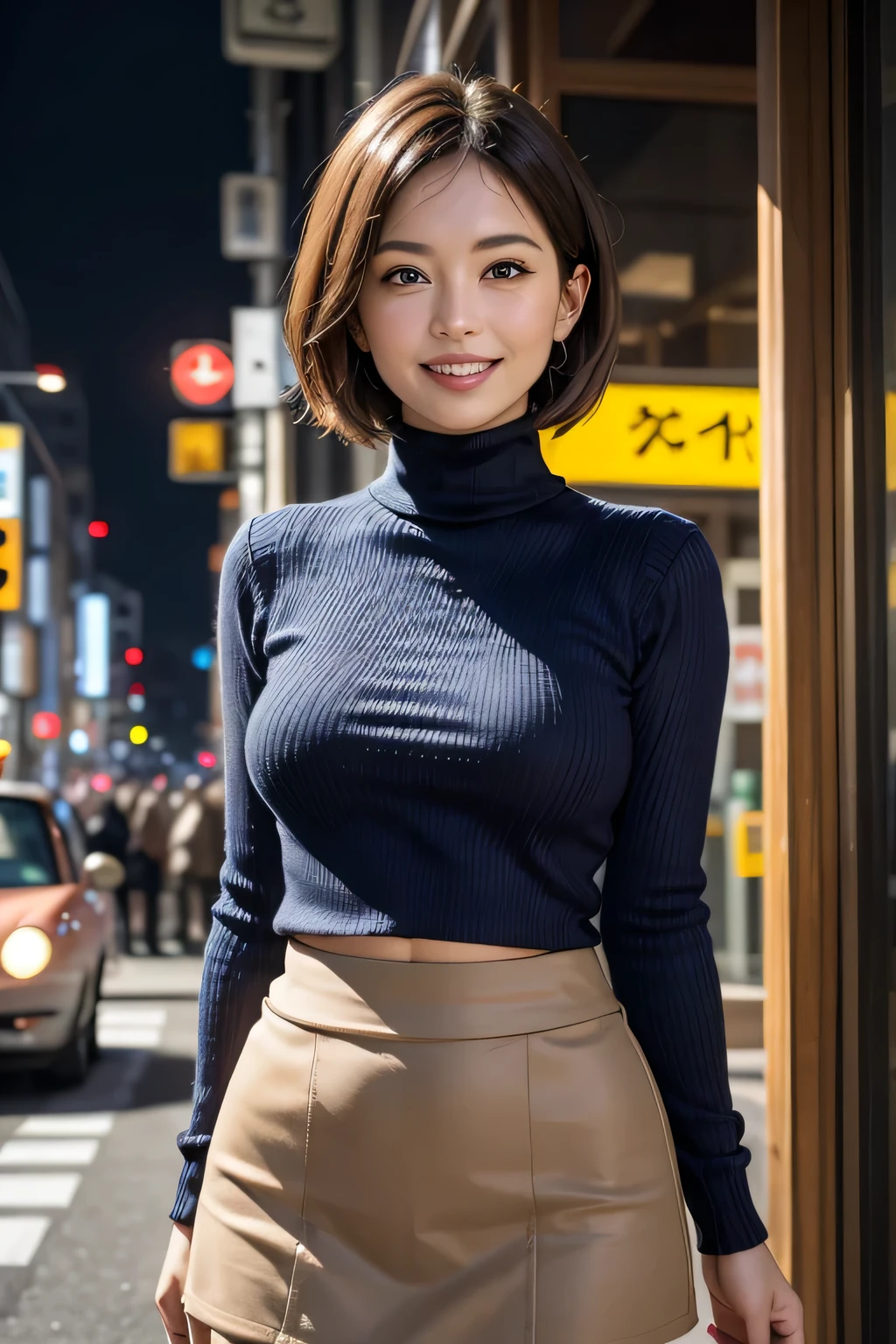 8K, RAW Photos, Highest quality, masterpiece, Realistic, Realistic, (1. Ultimate beauty), middle aged, Highly detailed face, fine grain, double eyelid, eyelash, Grin, Beautiful Teeth, Lip details, Brunette Bob, Big Breasts, (Blue Turtleneck Sweater), ((Brown mini skirt)), Cowboy Shot, Ginza Street in Tokyo, Cityscape, Soft Light, ((Written boundary depth)) 