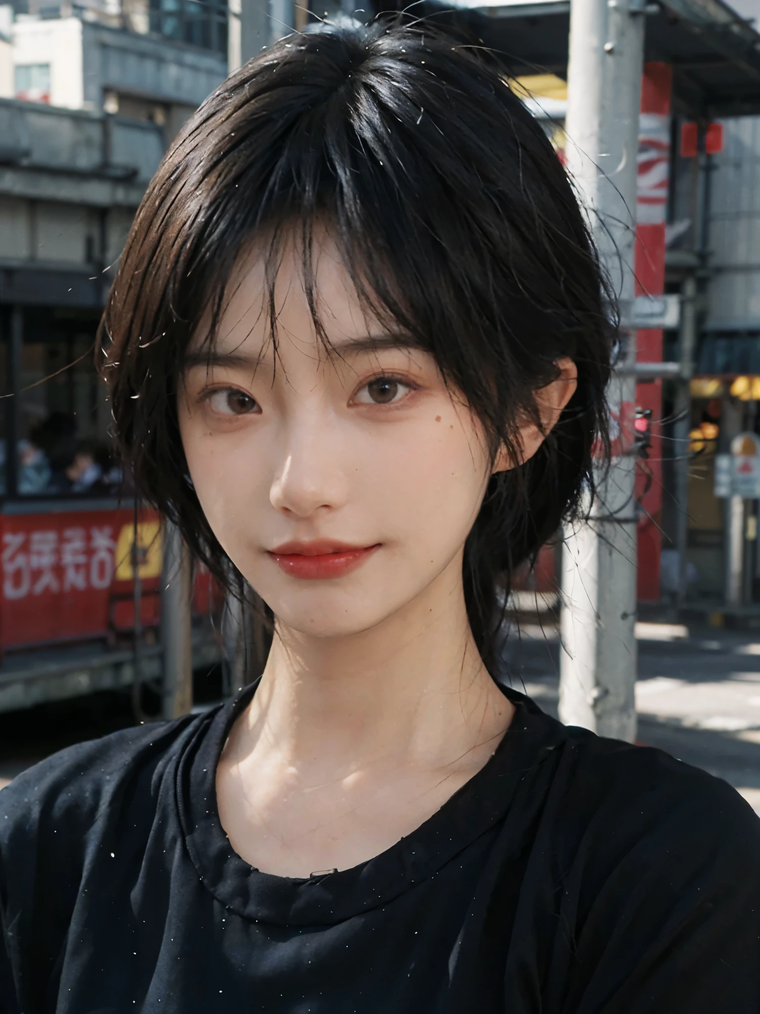 (Skin details:1.4), (smooth skin textures:1.3), (Upper body:1.4),(Upper Body:1.3),(Black clothes:1.4),Lipstick, background, earrings, serene, calm, (Realistic and detailed eyes:1.2), Natural skin texture, Realistic facial details, Soft dramatic lighting, Vivid details, 35 mm film, outdoor, (Photo Practical:1.4), (hyper Practical:1.4), (Practical:1.3), (Smoother lighting:1.05), (Improve lighting quality:0.9), (Highest quality real skin textures:1.4), Exquisite eyes, Delicate face, Close-up of face, (Enhance the beauty of skin texture:1.1),0Normal body proportions, short hair, Moles under the eyes, A faint smile,Portrait Photography, Depth of Field, Bokeh, Surrealism, Ray Tracing, (Portrait Photography:1.1), Surrealism, High Detail, Chiaroscuro, Ray Tracing, reflected light, Ultra HD, Ultra HD, masterpiece, Textured Skin, Super Detail, High Detail, high quality, best quality