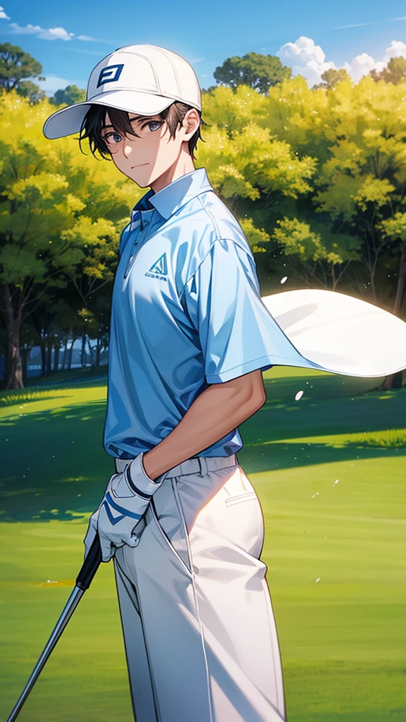 Sunny day on the golf course、A man wearing stylish golf wear and a sun visor、I'm taking a break next to a Betamax video recorder, drinking a can of coffee.。