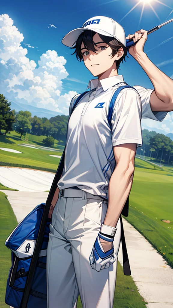 Sunny day on the golf course、A man wearing stylish golf wear and a sun visor、I&#39;m taking a break next to a Betamax video recorder, drinking a can of coffee.。