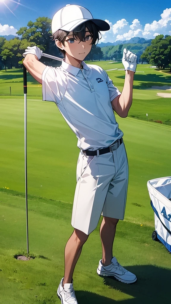 Sunny day on the golf course、A man wearing stylish golf wear and a sun visor、I'm taking a break next to a Betamax video recorder, drinking a can of coffee.。