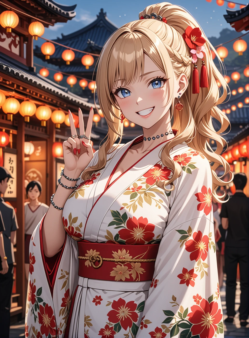 ((One personの女性)), Beautiful Face, (Laughing embarrassedly), ((smirk:1.3)), ((Wink:1.6)), (head tilt:1.3), Laugh with your mouth wide open, (upper teeth), looking at viewer, ((Bright red cheeks:1.6)),Glossy Red Lips, ((Big Breasts:1.4)) night, Shrine festival stalls, , (Shining Face), ((Anime style background)),masterpiece, Highest quality, so beautiful,up to date, Complex details, (Pink long nails), (nail art), (ring),(bracelet), (ring helix piercing:1.7), (Floral choker),AI-generated, Complex,High resolution, Highest quality, super high quality,3D Images、3D Images,One person,Blonde long hair,(High Ponytail), (wavy hair), Anime woman posing for a photo, ((Fine grain、blue eyes、Shining Eyes:1.4)), (Squint your eyes:1.1),a hyperRealistic , hyperRealistic , Realistic,Long and blonde anime woman, Smooth anime CG art, Pink large floral patternの刺繍が入った、Woman in luxurious kimono, ((White long sleeve kimono)),(Pink large floral pattern) ,Long flower hair ornament,Earrings,Mature Body, Tall,Abdominal muscles,Tight waist, ((making a peace sign)),(face focus:1.3), (front view),