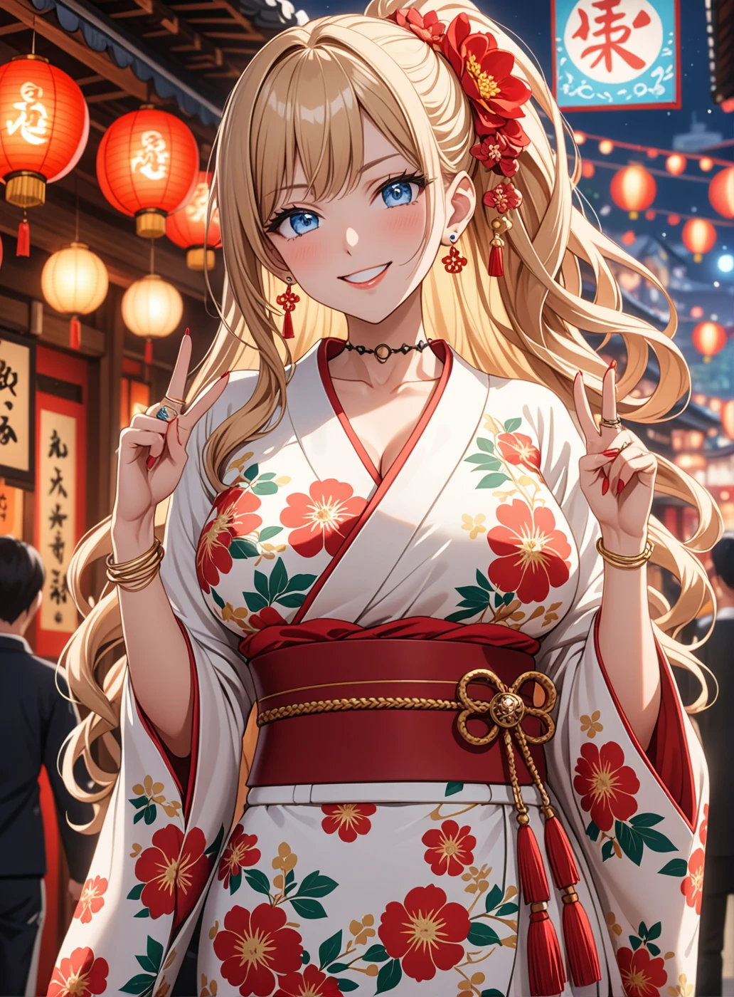 ((One girl)), Beautiful smile,Very happy expression,Open your mouth wide,Glossy Lips,Abstract, night,Festival food stalls, ((Anime style background)),masterpiece, highest quality, so beautiful, Absurd, up to date, Complex details, Pink long nails,AI-generated, Complex,High resolution, highest quality, super high quality,3D Images、View the viewers、3D Images,one person,Long Blonde Hair,High Ponytail,blue eyes,Anime woman posing for a photo, [[Fine grain、Colorful eyes、Shining Eyes:1.15]],(Squint your eyes:1.1),a hyperRealistic , hyperRealistic , Realistic , Blonde anime woman with long hair, Smooth anime CG art, A woman in a colorful kimono with gold embroidery, red floral kimono,Gorgeous kimono,Flower Hair Ornaments,Earrings,(Large Breasts:1.3),Mature Body,tall,Big Ass,Fine details,Abdominal muscles,Tilt your face,Licking your fingers