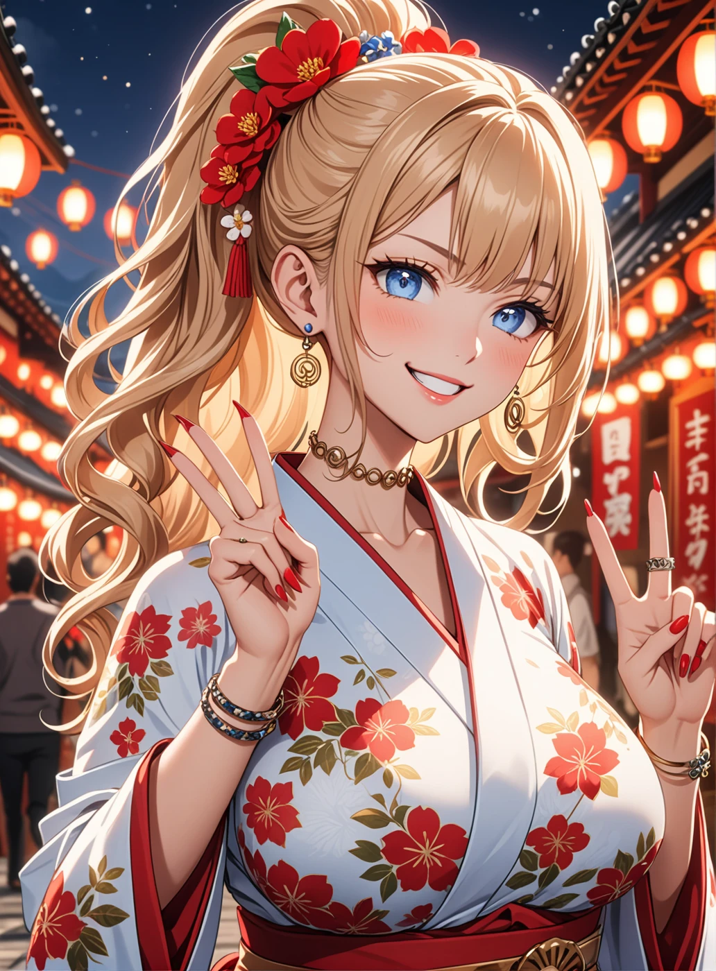 ((One personの女性)), Beautiful Face, (Laughing embarrassedly), ((smirk:1.3)), ((Wink:1.6)), (head tilt:1.3), Laugh with your mouth wide open, (upper teeth), looking at viewer, ((Bright red cheeks:1.6)),Glossy Red Lips, ((Big Breasts:1.4)) night, Shrine festival stalls, , (Shining Face), ((Anime style background)),masterpiece, Highest quality, so beautiful,up to date, Complex details, (Pink long nails), (nail art), (ring),(bracelet), (ring helix piercing:1.7), (Floral choker),AI-generated, Complex,High resolution, Highest quality, super high quality,3D Images、3D Images,One person,Blonde long hair,(High Ponytail), (wavy hair), Anime woman posing for a photo, ((Fine grain、blue eyes、Shining Eyes:1.4)), (Squint your eyes:1.1),a hyperRealistic , hyperRealistic , Realistic,Long and blonde anime woman, Smooth anime CG art, Pink large floral patternの刺繍が入った、Woman in luxurious kimono, ((White long sleeve kimono)),(Pink large floral pattern) ,Long flower hair ornament,Earrings,Mature Body, Tall,Abdominal muscles,Tight waist, ((making a peace sign)),(face focus:1.3), (front view),