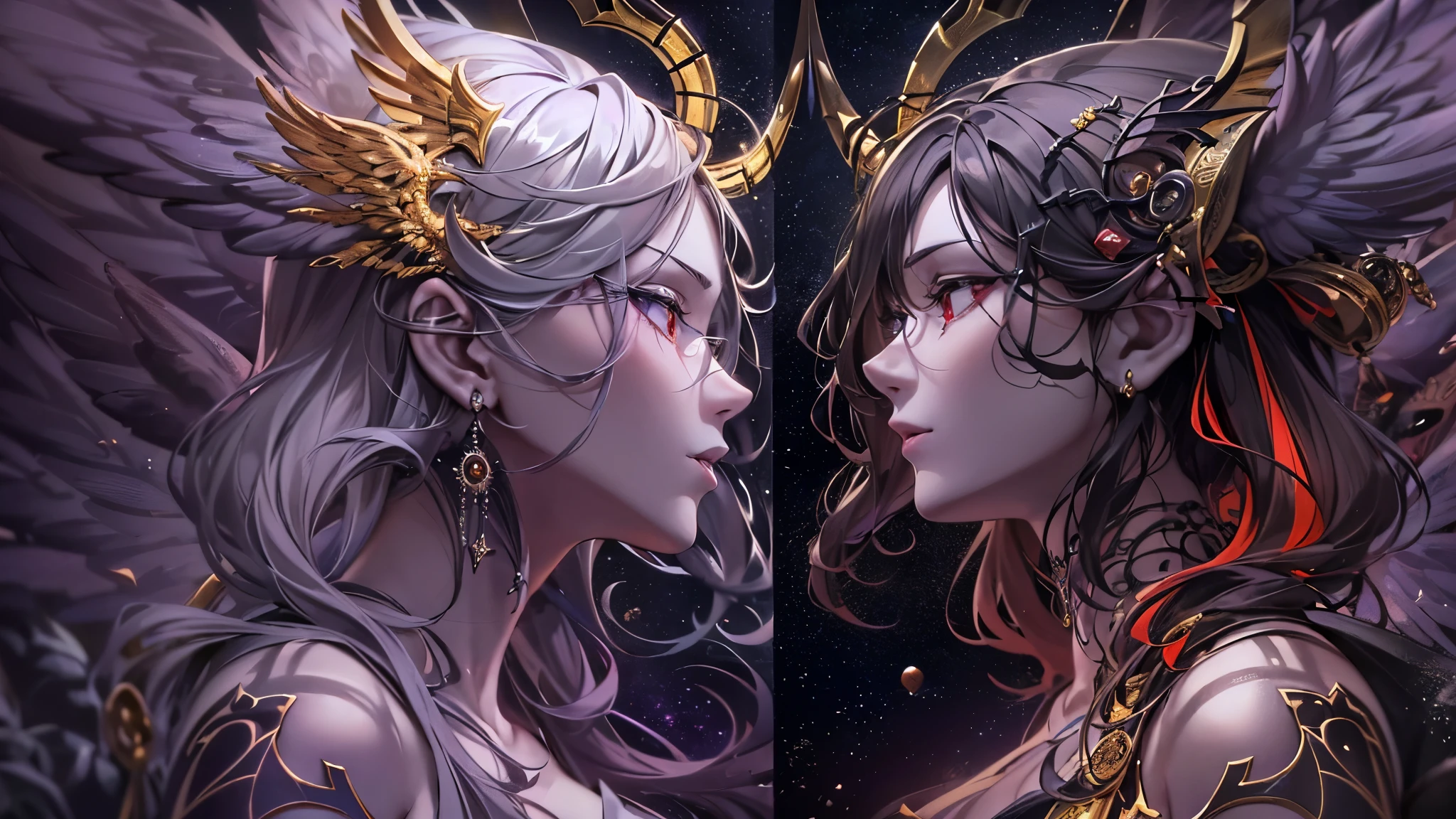 ((Highest quality)),(Ultra-high resolution),(Ultra-detailed new),(Detailed Description),((The best CG)),(masterpiece),Highly detailed art,A wonderful new art form,(Art with precise details:1.5), (Female angel and female devil facing each other:1.6),Beautiful and well-proportioned face:1.5, black and white:1.4, Light and Darkness:1.3, Swallowing Darkness, Extinguishing Light, (A colorful world:1.5)
