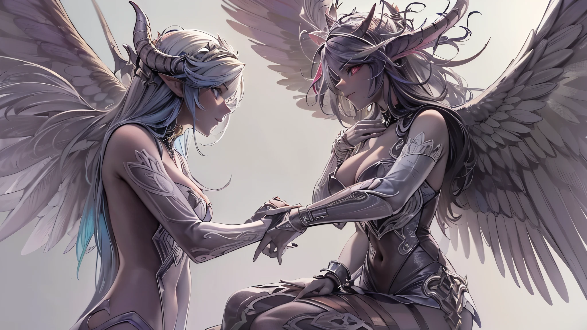 ((Highest quality)),(Ultra-high resolution),(Ultra-detailed new),(Detailed Description),((The best CG)),(masterpiece),Highly detailed art,A wonderful new art form,(Art with precise details:1.5), (Female angel and female devil facing each other:1.6),Beautiful and well-proportioned face:1.5, black and white:1.4, Light and Darkness:1.3, Swallowing Darkness, Extinguishing Light, (A colorful world:1.5)