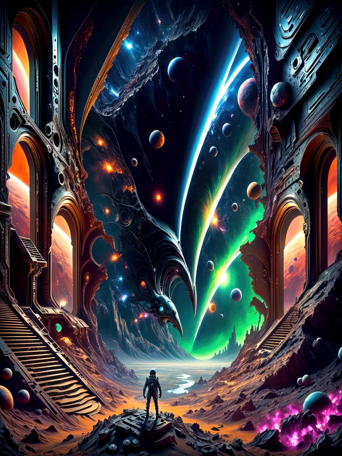 Generate an image featuring a sci-fi crossover scene. On one side, present an alien landscape with vast, intricate ancient alien architectures - a homage to the expansive universe of a popular intergalactic video game set in the 22nd century. On the other side, the scene contrasts with the claustrophobic and horror-filled atmosphere of a ruined spaceship drifting in the vastness of space, reminiscent of a famous survival horror video game. The center displays a clash between the action-packed combat technology and weaponry from one universe and monstrous alien life forms from the other. No specific characters are featured.
