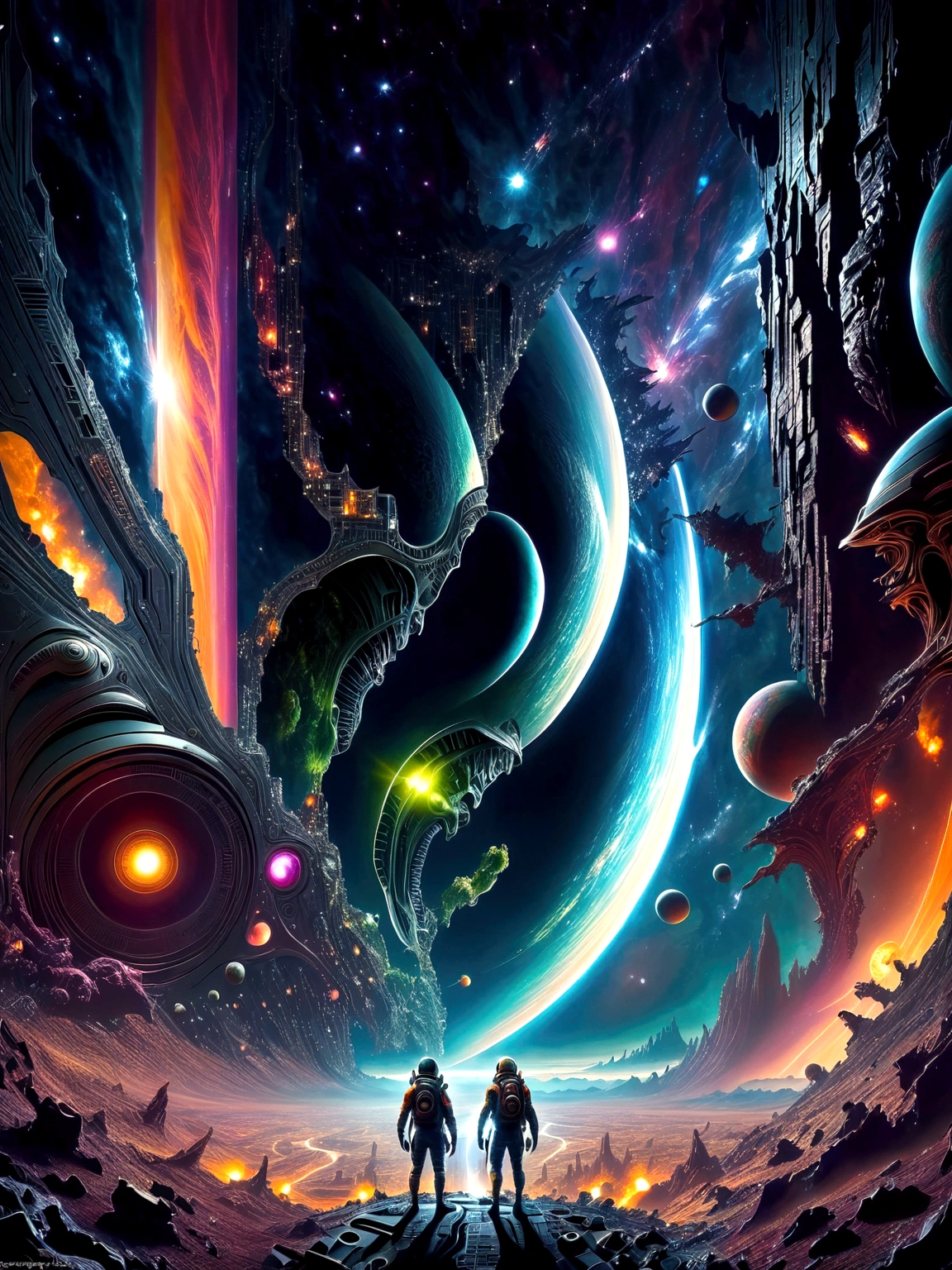Generate an image featuring a sci-fi crossover scene. On one side, present an alien landscape with vast, intricate ancient alien architectures - a homage to the expansive universe of a popular intergalactic video game set in the 22nd century. On the other side, the scene contrasts with the claustrophobic and horror-filled atmosphere of a ruined spaceship drifting in the vastness of space, reminiscent of a famous survival horror video game. The center displays a clash between the action-packed combat technology and weaponry from one universe and monstrous alien life forms from the other. No specific characters are featured.