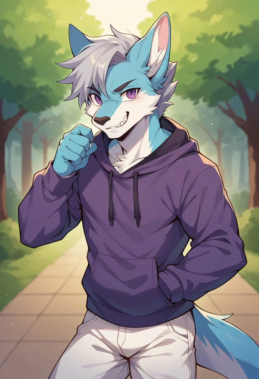 (masterpiece:1.2),cool pose,furry black dragon,strong and fit body,purple eyes,grey medium hair,grey facial hair,casual clothing,hoodie, fierce expression,good looking,slightly smiling showing teeth,park background