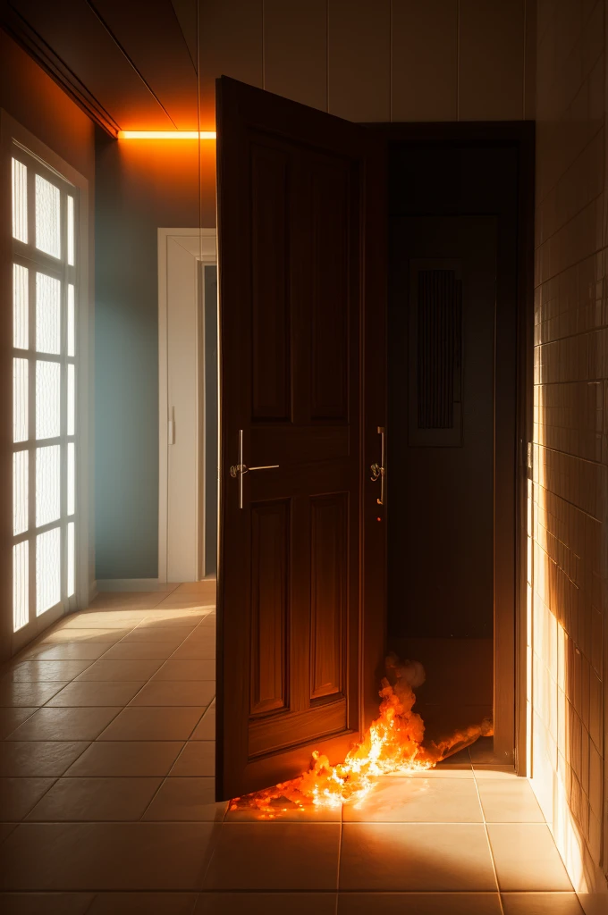 Box in the middle of a tiled room with the box door open and orange smoke pouring out and two glowing eyes inside