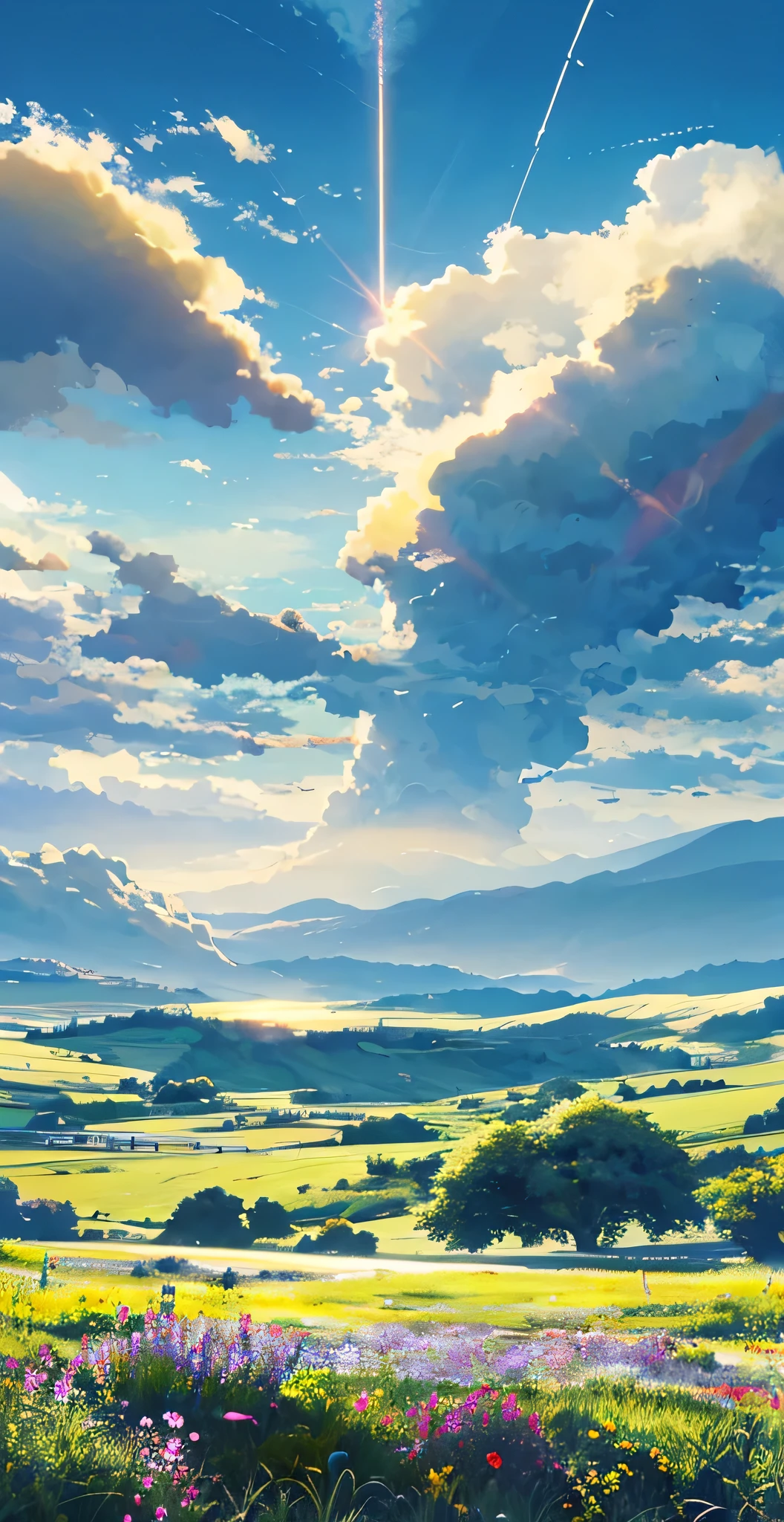 The vast sky, Flowers, Beautiful skyline,grassland,A strong and dramatic image,Dynamic visual effects,The North Star,Colorful natural light,Ultra wide angle