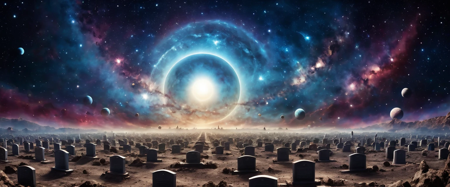 there is  a military graveyard built on the moon, many tombstones in rows (tombstones are identical in shape and color) and lines, ((there is 1flag being raised: 1.4)), in honor of the fallen. the graveyard is based on the moon, you can see the earth in the background and some stars in space, you can see the rings of Saturn, you can see the milky way, vibrant, Ultra-high resolution, High Contrast, (masterpiece:1.5), highest quality, Best aesthetics), best details, best quality, highres, ultra wide angle, 16k, [ultra detailed], masterpiece, best quality, (extremely detailed), 3D rendering, raging nebula