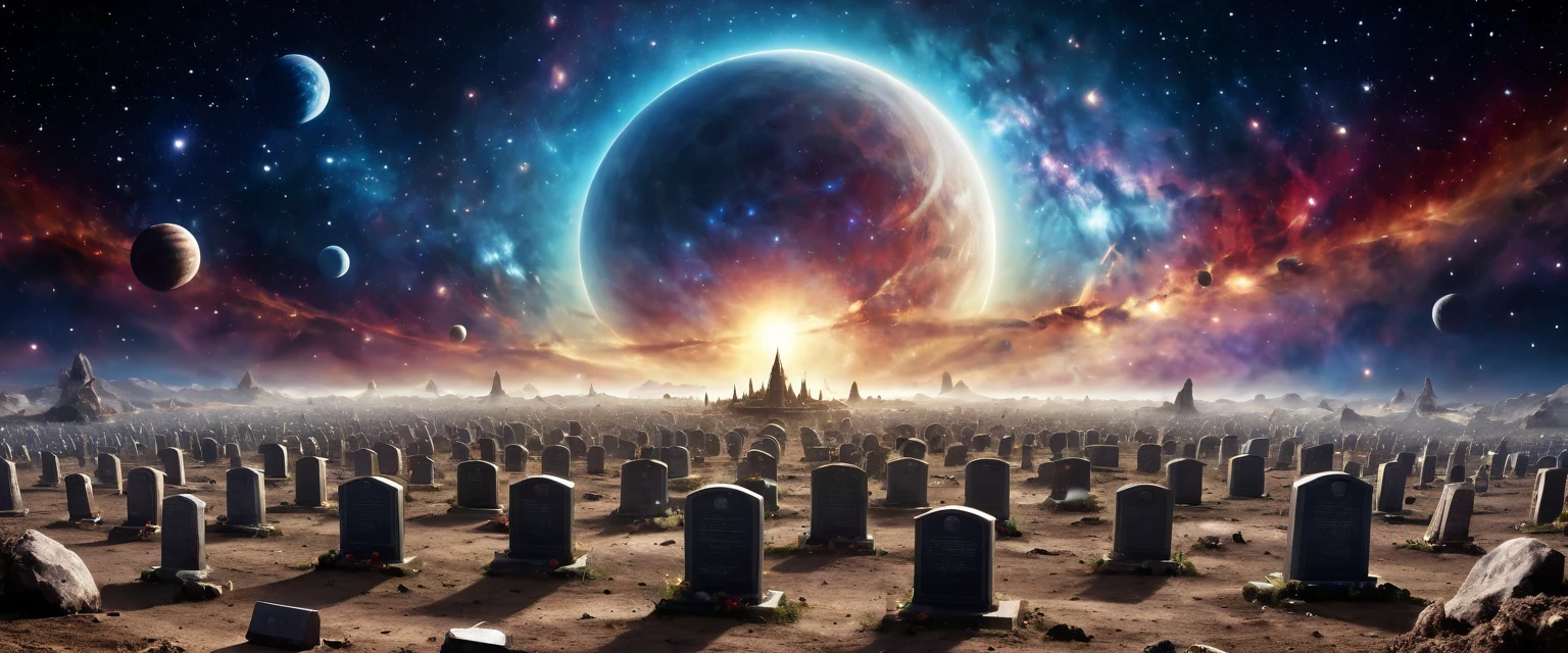 there is  a military graveyard built on the moon, many tombstones in rows (tombstones are identical in shape and color) and lines, (there is flag being raised: 1.4), in honor of the fallen. the graveyard is based on the moon, you can see the earth in the background and some stars in space, you can see the rings of Saturn, you can see the milky way, vibrant, Ultra-high resolution, High Contrast, (masterpiece:1.5), highest quality, Best aesthetics), best details, best quality, highres, ultra wide angle, 16k, [ultra detailed], masterpiece, best quality, (extremely detailed), 3D rendering, raging nebula