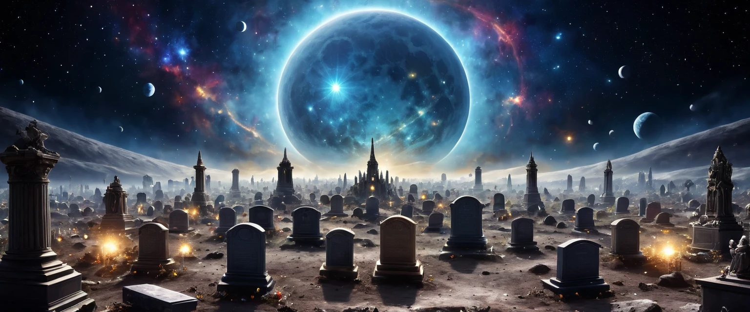 there is  a military graveyard built on the moon, many tombstones in rows (tombstones are identical in shape and color) and lines, ((there is 1flag being raised: 1.4)), in honor of the fallen. the graveyard is based on the moon, you can see the earth in the background and some stars in space, you can see the rings of Saturn, you can see the milky way, vibrant, Ultra-high resolution, High Contrast, (masterpiece:1.5), highest quality, Best aesthetics), best details, best quality, highres, ultra wide angle, 16k, [ultra detailed], masterpiece, best quality, (extremely detailed), 3D rendering, raging nebula