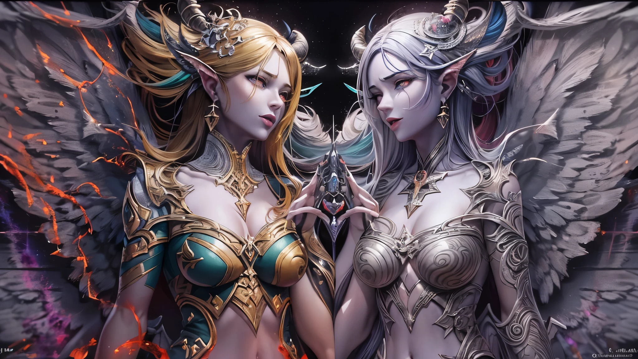 ((Highest quality)),(Ultra-high resolution),(Ultra-detailed new),(Detailed Description),((The best CG)),(masterpiece),Highly detailed art,A wonderful new art form,(Art with precise details:1.5), (Female angel and female devil facing each other:1.6),Beautiful and well-proportioned face:1.5, black and white:1.4, Light and Darkness:1.3, Swallowing Darkness, Extinguishing Light, (A colorful world:1.5)