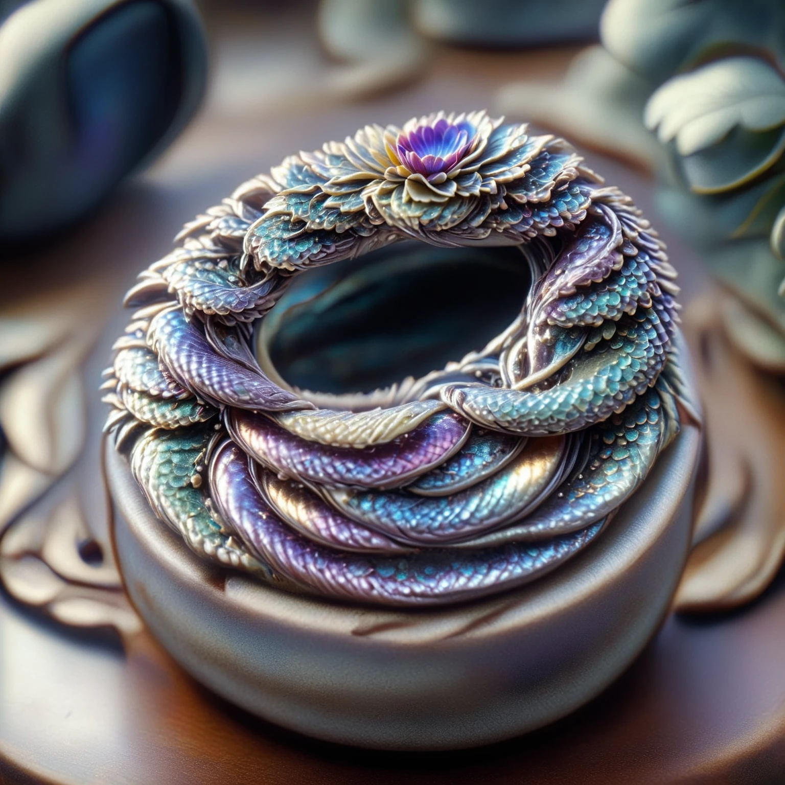 HDR photo of iridescent scales ring system,sharp,gemstone,sharp,cosmic,(druidic vine and flower ring:1.2),miniature,tiltshift,macro product display,ornate wooden box with engraved leaves solo,dvrscls,druidic,mecha,hyperdetailed,maximum fidelity,quality,cinematic,subsurface scattering,maximal attention to correctness and detail,epic,magnificent,wondrous,dvrscls, . High dynamic range