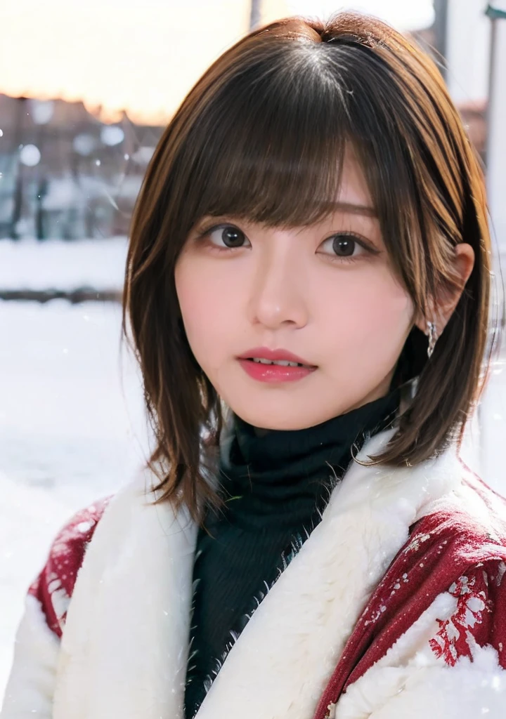 Photo from the waist up、Night city illumination shot、Cowgirl Shot、Fur coat、豪華なグレーのミンクのFur coat、Wear fine leather boots、Luxury Bags、Inner turtleneck、Silver necklace and small silver earrings Millionaire style:1.4））、Full body photo、smile、 Caustics、Highly detailed photos、Very beautiful woman 、Ample breasts、No makeup、(8K、RAW Photos、Highest quality、masterpiece:1.2)、(Realistic、Realistic)、1 Girl、((Medium Short Hair、Midwinter、Cold region Snow falling、The wind is blowing、Fluttering Hair、Blur the background、Colorful illuminations、Looking into the camera:1.4))、
