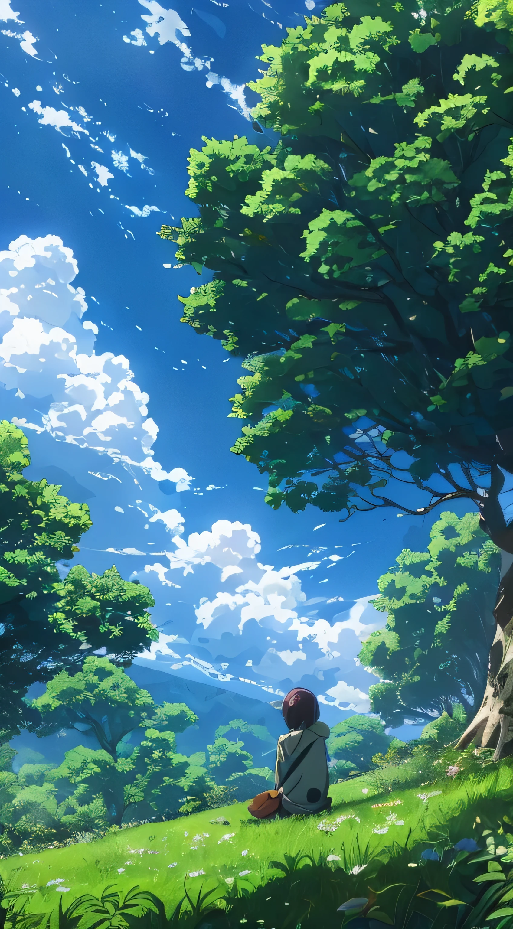 anime scene of a woman sitting under a tree in a field, anime nature, anime nature wallpap, anime background, beautiful anime scenery, beautiful anime scene, anime scenery, anime landscape, anime landscape wallpaper, makoto shinkai!, anime beautiful peace scene, anime countryside landscape, anime background art, makoto shinkai!!, anime movie background
