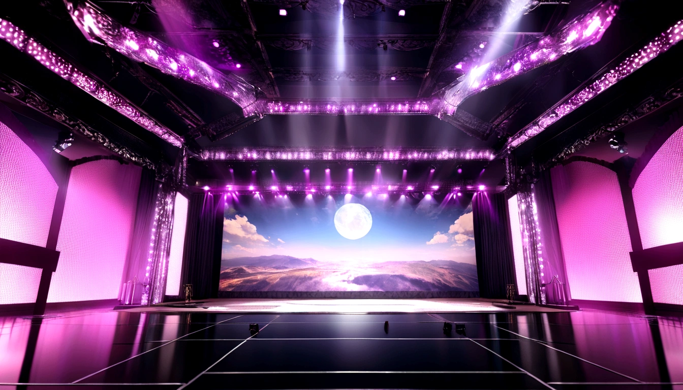 masterpiece, Highest quality, landscape, Panorama, frontage, Glare, Lots of magenta lights, Inside the room, Luxurious and spacious々A live stage with, Near future, Backlight, Cool, Lavish decoration, There are no people, Clean background, Good gloss, 3D Rendering