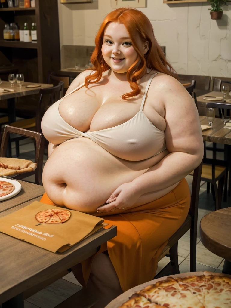 A happy/excited detailed photo of a Beautiful ginger architect SSBBW, with long wavy ginger hair, with big soft fat belly, small saggy breasts in a cute orange top, sitting at a table in a beautiful authentic italian restaurant, there is a huge pizza ahead of her, she is sitting on a chair behind a table and pizza