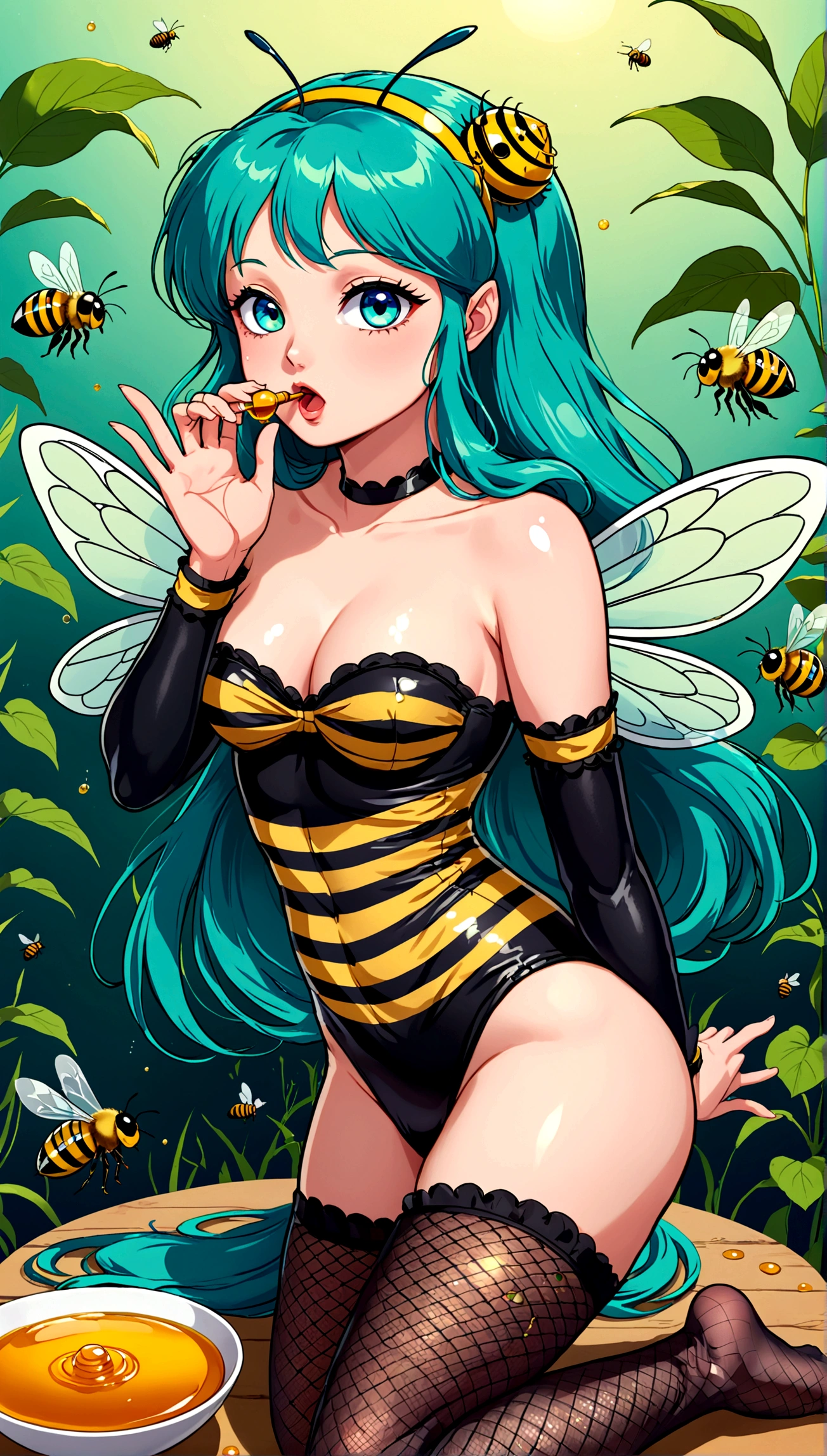 score_9, score_8_up, score_7_up, score_6_up, source_anime, 1girl, solo, lum, long hair, bangs, green hair, blue eyes, tiny horns, aqua hair, eyeshadow, a girl wearing a bee costume, antennae headband, black leotard, fishnet pantyhose, wrist cuffs, fake insect wings, standing in an apiary with beehives, whole mouth filled with honey, licking honey from fingers, looking directly at the viewer, (best quality, 4k, 8k, highres, masterpiece:1.2), ultra-detailed, HDR, UHD, ultra-fine painting, sharp focus, physically-based rendering, extreme detail description, professional, vivid colors, bokeh, medium breasts, blush, fang, perfect fingers, perfect hands, (horny), (flirtatious look),