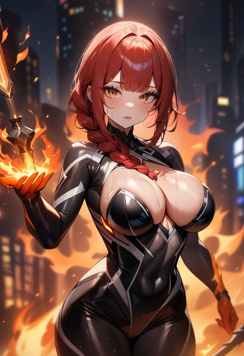 1girl,solo,super detailed skin,shiny skin,wet oily skin,expressionless,lips gloss,eyelashes,red hair,blunt bangs,sidelocks,a braid,large breasts,beautifully shaped breasts,body suit, long fiery spear in hand,night city,cowboy shot,fire magic,masterpiece,best quality,ultra detailed,high resolution,sharp focus,depth of field,