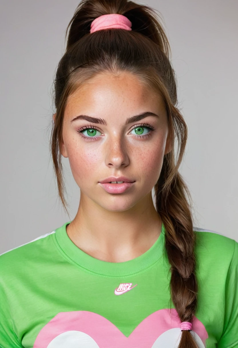 girl with a ponytail, freckles, green eyes and brown hair Beautiful realistic , a 25 year old beautiful girl, brunette hair, (((bright green eyes))), youthful, big lips, small nose, thick eyebrows, round youthful cheeks, long hair, tanned skin, pink football t shirt on
