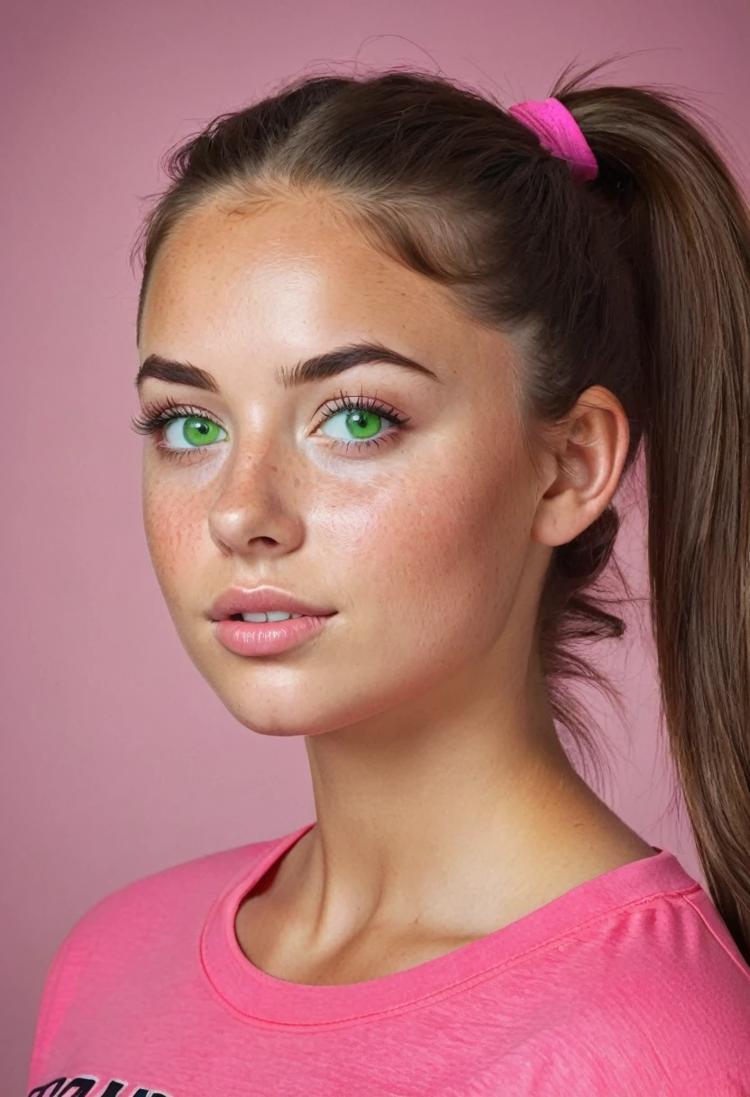 girl with a ponytail, freckles, green eyes and brown hair Beautiful realistic , a 25 year old beautiful girl, brunette hair, (((bright green eyes))), youthful, big lips, small nose, thick eyebrows, round youthful cheeks, long hair, tanned skin, pink football t shirt on