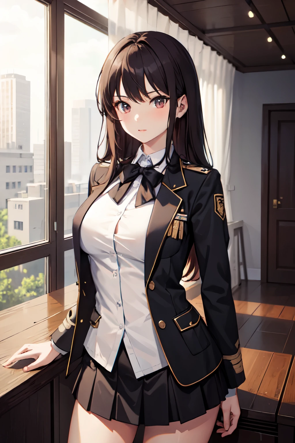 ((best qualityer, 8K, work of art :1.3)), all-body, sharp focus :1.2, a beautiful woman with perfect figure :1.4, slendered abs :1.2, ((dark brown hair, breasts big :1.2)), body dress :1.1, (Night city view, Modern balcony :1.1), Highly detailed texture of face and skin, detailedeyes, double eyelid, Small bust, OL Uniform, DESK Wear, white undershirt, Exposed cleavage, (black pantyhose), (witheout panties), interior scene, DESK