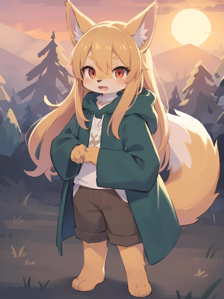 flat color, shota the fox, , was hairy, shaggy, skin fur, smooth lashes, golden fur, forelimb hands, straight long blonde hair, solid circle eyes, golden ears, golden fur, golden facial fur, shiny hair, red eyes, super cute face, 1fox tail, fluffy tail, furry tail, glowing eyes, green coat green hood down, brown trousers, standing, open mouth, ambient light, ultra-fine fur, dashed eyes, (full body), masterpiece, high quality, high-details, best quality, wide short, (((solo))), twilight, sun light, red sky, rim light