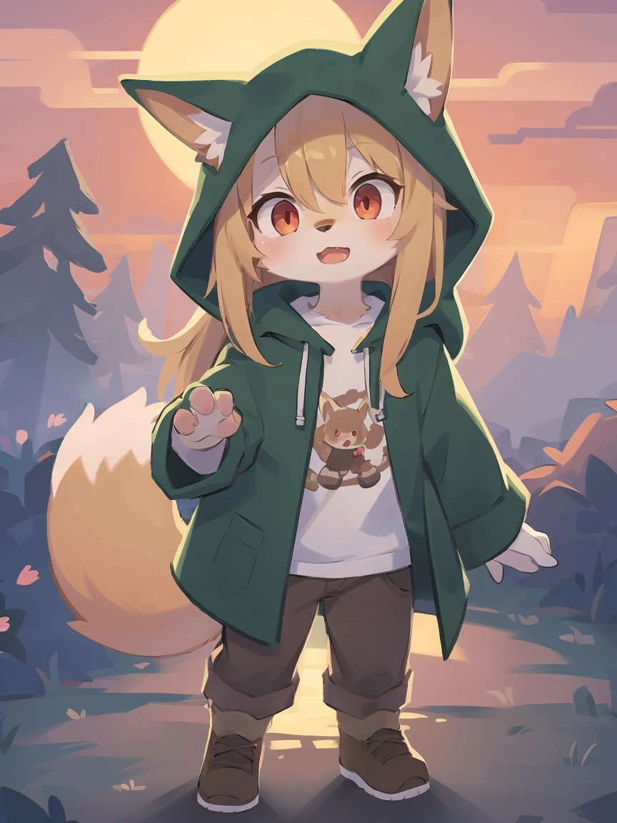 flat color, shota the fox, , was hairy, shaggy, skin fur, smooth lashes, golden fur, forelimb hands, straight long blonde hair, solid circle eyes, golden ears, golden fur, golden facial fur, shiny hair, red eyes, super cute face, 1fox tail, fluffy tail, furry tail, glowing eyes, green coat green hood down, brown trousers, standing, open mouth, ambient light, ultra-fine fur, dashed eyes, (full body), masterpiece, high quality, high-details, best quality, wide short, (((solo))), twilight, sun light, red sky, rim light