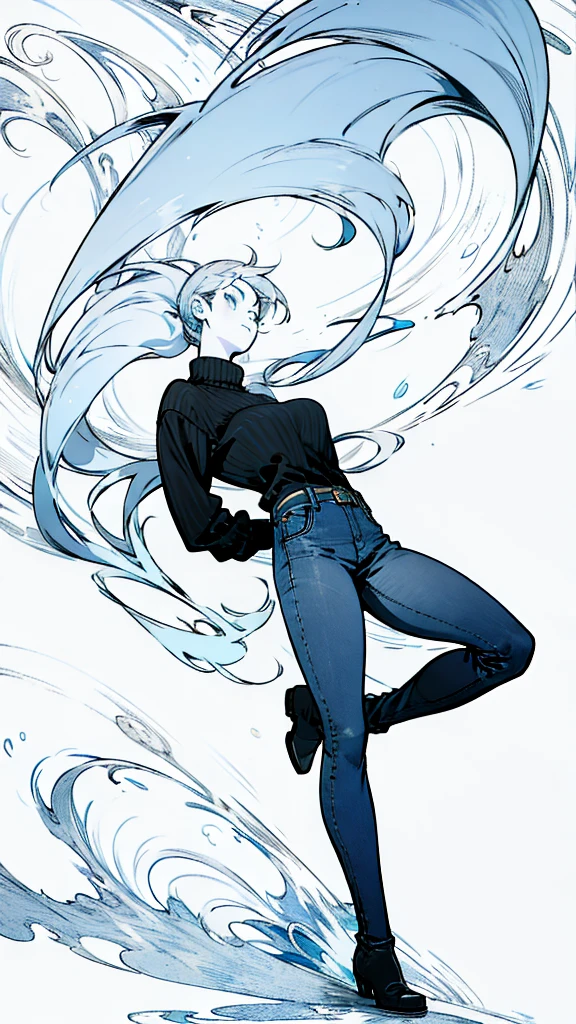 The woman wears a blue and black sweater, long jeans, and black boots.